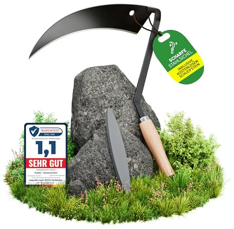 ALBAJ Sensensichel mit Holzgriff - traditionelle scharfe Sichel - nachhaltige Handsense 31x33 cm- inklusive Gratis Schleifstein – robuste Handsense für Gras
