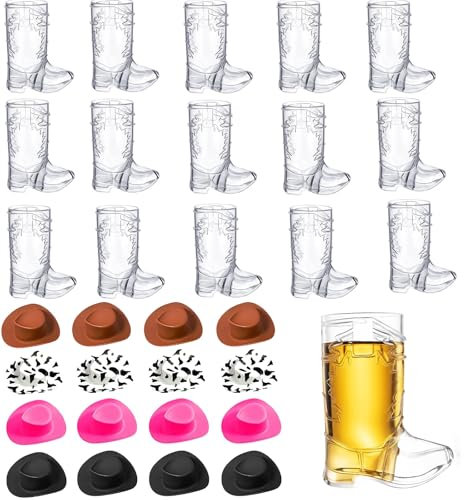 PACIOCEAN Vasos de chupito de botas de vaquero, 32 unidades, mini vasos de plástico con temática occidental con 16 sombreros de vaquero, decoraciones reutilizables para fiestas de rodeo para