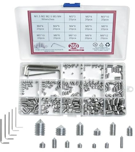 260Pcs Cone Point Grub Screws Mixed, M3/M4/M5/M6/M8 Hex Head Stainless Steel Socket Screws Assortment, with 5 Pcs Socket Allen Key, Screws Set with a Storage Box (260 Pcs)