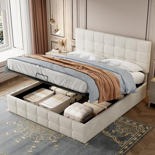 Jtyca Ottoman Bed Double, Upholstered Double Bed with Storage, 4FT6 Velvet double ottoman bed frame with Gas List End Opening, Wooden Slats, Beige, (Without Mattress)