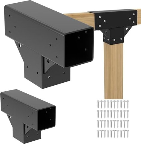 Pergola Kit T Shaped 4x4(Actual: 3.64x3.64)-2 Pack Pergola Brackets 4x4-3 Way DIY Woodworks Gazebo Bracket Kit with Screws for Wood Beams-Elevated Wood Stand T Brackets for Sunroom Carport Cabin