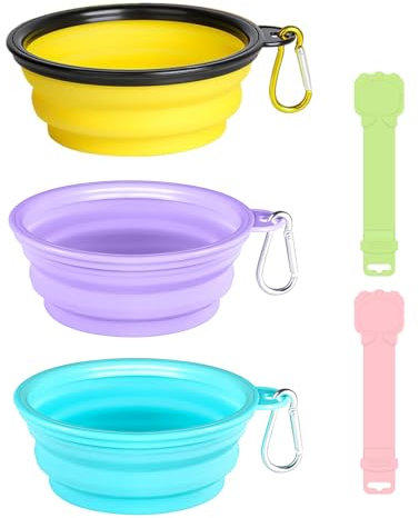 Hinapan 3 cuencos plegables para perros y 2 cucharas para exprimir golosinas, cuenco de viaje plegable, comedero portátil para mascotas, comederos de viaje con mosquetón, para gatos, perros, agua y