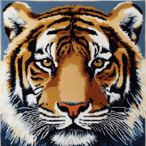 ASONGLINGO Kit de Coussin avec Crochet à Loquet Coussin au Point Noué, 43×43cm création de Tapis et Canvas, Tapis Point Noué,Latch Hook Canevas Coussin(Animal Tigre)