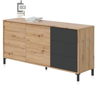 duehome | Aparador 2 Puertas y 3 Cajones, Buffet para Salon, Modelo Lea, Acabado en Color Roble Nodi y Gris Antracita, Medidas: 154 cm (Ancho) x 74 cm (Alto) x 41 cm (Fondo)