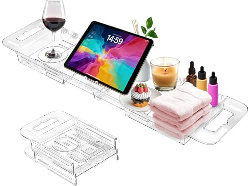 Expandable Bathtub Tray Caddy, Clear Bath Tray for Tub for Bath Relaxing, Foldable Bath Table Trays, Bathtub & Bathroom Accessories for Women Gift, Anniversary or Wedding Gifts, New Home