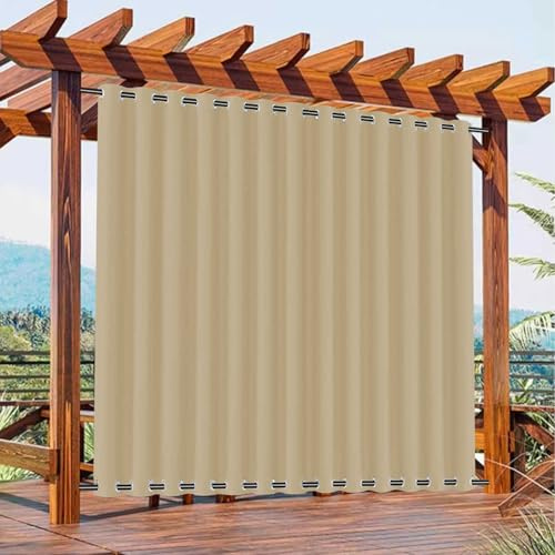 Outdoor Vorhänge für Terrasse, Wasserdicht Wetterfest Verdunkelungsvorhänge | Ösen Oben und Unten, Sonnenschutz Sichtschutzvorhang für Pavillon, 1 Stück, B254cm x H259cm, Dunkelbeige