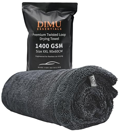Dimu Essentials Asciugamani in microfibra per auto, XXL, 90 x 60 cm, 1400 g/m², ad anello attorcigliato, ultra assorbente, privo di lanugine, senza striature, colore grigio scuro, ideale per lavaggio