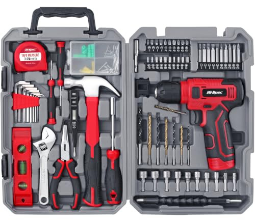Hi-Spec 8V Cordless Drill Driver & Home Tool Kit with Accessories, Red | Fast assembly jobs, cord-free control, compact case storage, wood metal masonry accessories
