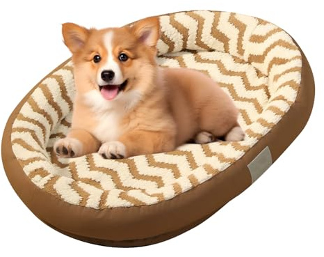 PJDDP Hundebett Plüsch, Beruhigendes Hundebett Mit Abnehmbarem Waschbarem Bezug, Katzensofa Mit Rutschfester Basis Für Katzen Und Kleine Hunde,Braun,M