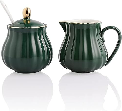 Sweejar Home Lot de 3 Pots à Sucre et à Lait en céramique avec Pot à Lait, sucrier avec Couvercle et cuillère, Service à café, Cadeau de Mariage (Vert foncé)