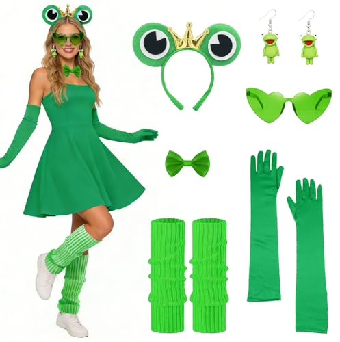 GOUYENG Froschkostüm,Frosch Kostüm Set,Froschkönig Kostüm,Faschingskostüme Damen,Tierkostüm,Frosch Haarreif,Froschs Ohrringe,Handschuhe,Karneval Kostüms,für Karneval,Fasching,Mottoparty,Halloween