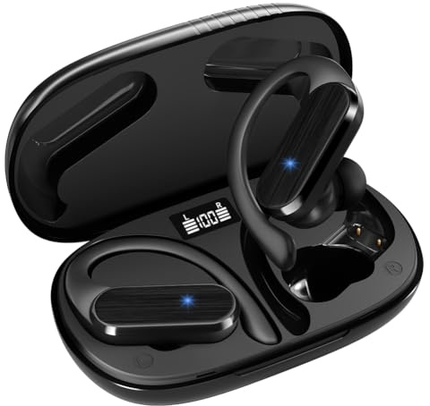 Caijin Auriculare Inalámbricos Deportivos, Bluetooth 5.3, 60H Cascos Inalambricos con Gancho, Sonido HiFi, Pantalla LED, Cancelación de Ruido,Auriculares para Correr con Carga Rápida USB-C