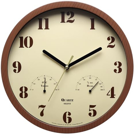 Uanqfegy Outdoor Wall Clock 10 Inch Outdoor Clock With Thermometer Hygrometer, Weatherproof Garden Clocks, Silent Quartz Movement For Patio, Backyard, Living Room(Cherry)