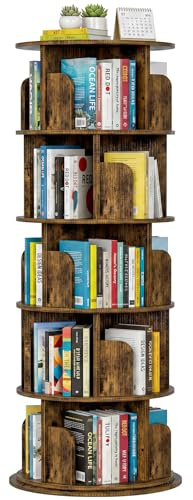 Homieasy Estantería Giratoria 5 Niveles, Librero Giratorio 360° con 20 Compartimentos, 162x40 cm Torre de Libros Giratoria Redonda Ahorra Espacio para Salón Estudio Oficina,Marrón Rústico