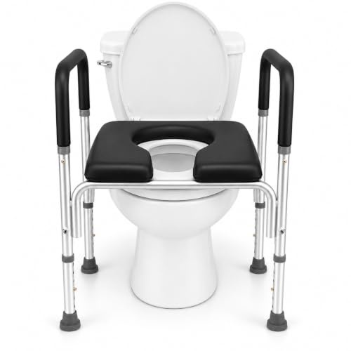 Raised Toilet Seat for Seniors, Toilet Seat Riser with Handles & Padded Seat, Supports up to 150kg, Height & Width Adjustable, Bedside Commodes for Elderly, Pregnant (Silver+Black)