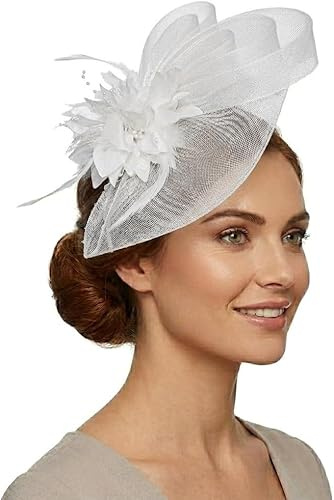 Caprilite Weißer Fascinator Haarreif mit Blume, Netz-Hut und Federn für Hochzeit, Ascot und Rennen