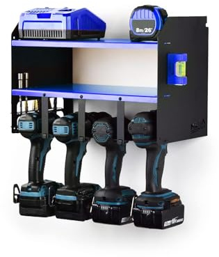 JBI MegaMaxx Power Tool and Drill Storage Unit Charging Station for 4 Tools and 2 Shelf - Wall Mount Toolbox and Accessories Rack Cabinet for Workshop, Garage, Shed, Drill Driver - Original UK Design