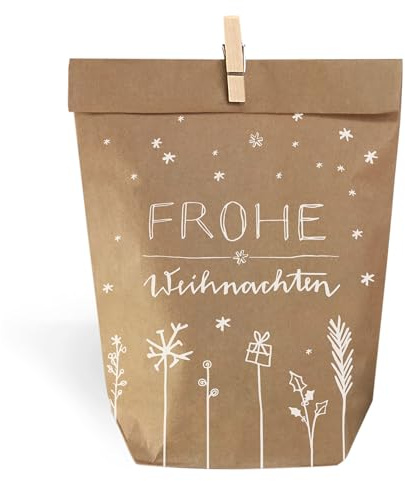 Eine der Guten Weihnachtstüten, Geschenktüten Set - Frohe Weihnachten, mit 24 gestempelten Kraftpapiertüten & Mini-Holzklämmerchen, Geschenkverpackung für Plätzchen & Weihnachtsgeschenke, 14 x 22 cm