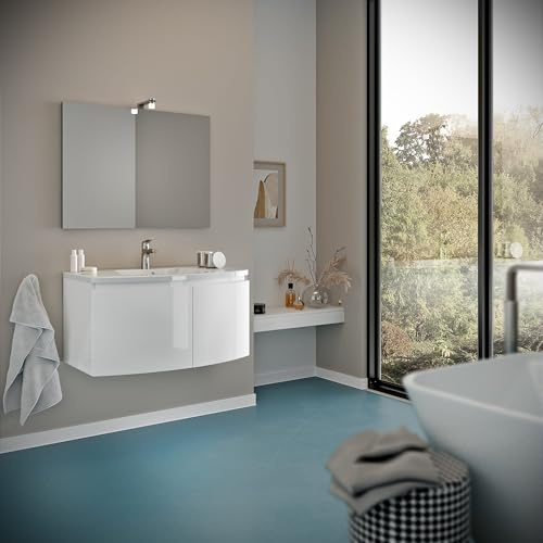 Kiamami Valentina Mobile Bagno 80 Cm Sospeso Curvo Bianco Lucido 2 Ante | Lavabo ceramica, specchio 60x80 cm incluso, chiusura soft close, maniglie a gola, profondità 36-48 cm
