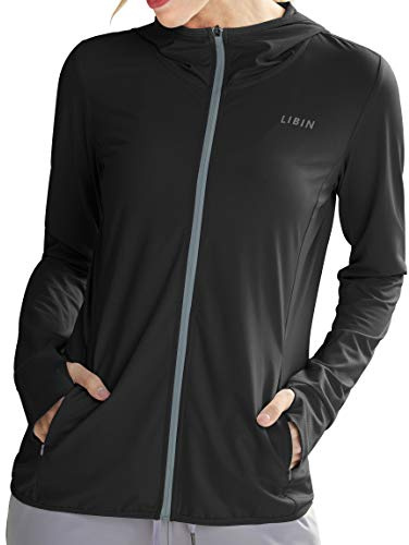 Libin Mujer UPF 50 + Chaqueta de Capucha Protección Solar con Cremallera Completa Sudadera de Sol Manga Larga Sudadera Carrera Sudadera Surf Al Aire Libre a Pie con Bolsillo Negro L