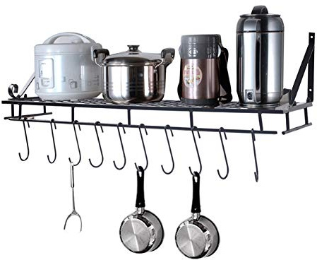 Wall Mounted Pot Rack, 90 cm Heavy Duty Kitchen Storage Organiser with 10 Hooks, Black Metal Pan and Pot Holder for Cookware, Utensils Organization