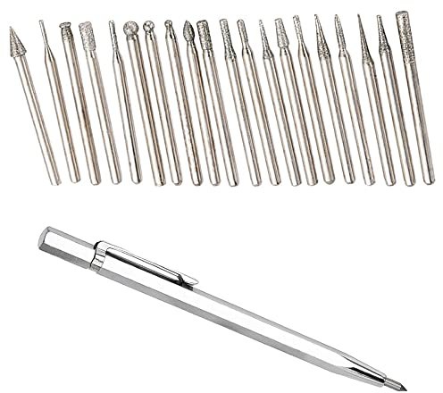 20pc Diamond Bur Set for Dremel Rotary Tool + Engraving Pen Carving Stone Burrs Etching Glass Grinding Bit Jewelry Lapidary Gemstone Shaping Rock Cutting Drilling Scriber Tip Ceramic Metal Engraver