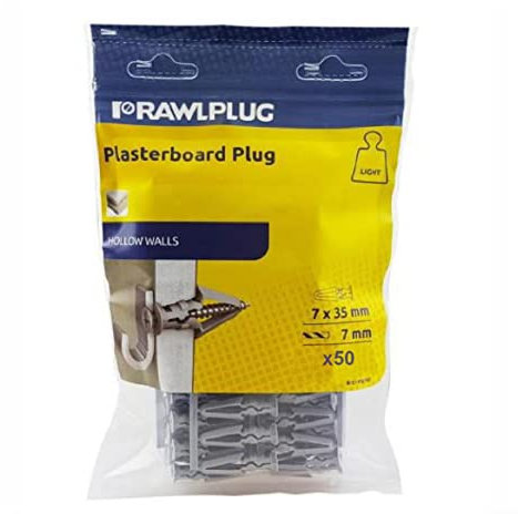50 x Genuine Rawl Plasterboard Hollow Wall Plugs 7 x 35mm Expansion Fixings, Grey