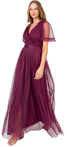 Anaya with Love Damen Ladies Maxi Dress for Women V Neckline Short Sleeve Frilly Long Empire Waist for Wedding Guest Bridesmaid Maid of Honour Kleid, Plum,