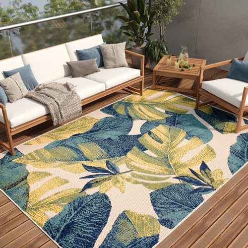 TAPISO Patio Teppich Outdoor Indoor Blau Grün Creme Blätter 200 x 300 cm | Robuster Teppich UV-beständig Flachgewebe Sisaloptik Wetterfest Terrasse Wintergarten Balkon OEKO-TEX