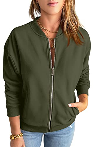 GeGekoko Zip Sweatshirt Damen übergroße Jacket Sweatshirt Einfarbige Loose Langarm Tops Oberteile mit Tasche,Armeegrün,XL