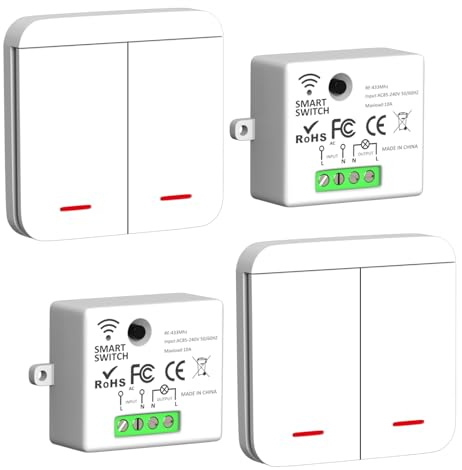 ARCELI Funk Lichtschalter, Funkschalter mit Wand Schalter, Funk Schalter und Funk-Empfänger 2200W/10A, Intelligent Switch Funk-Wandsender, Weiß (2 Empfänger mit 2 Schalter)