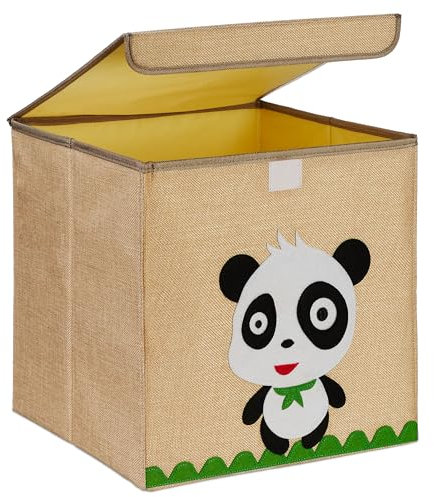 Relaxdays Aufbewahrungsbox, Panda-Motiv, Stoffbox für Kinder, faltbar, HBT: 33 x 33 x 33 cm, Spielzeugbox, beige/weiß