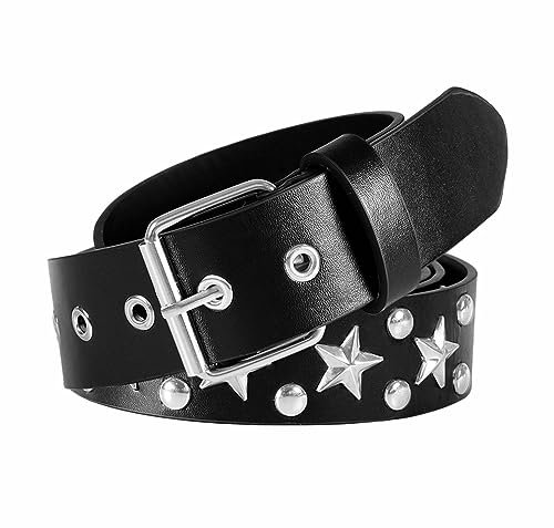 MILAKOO Nieten Punk Leder Gürtel Hip Hop Haken und Ösen Verschluss Stern Y2K Emo Grunge Gürtel