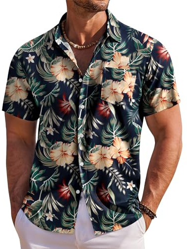 COOFANDY Camisa Hawaiana Hombre Camiseta de Verano de Manga Corta Camisas para Vacaciones de Playa con Bolsillo Azul Marino Flor L