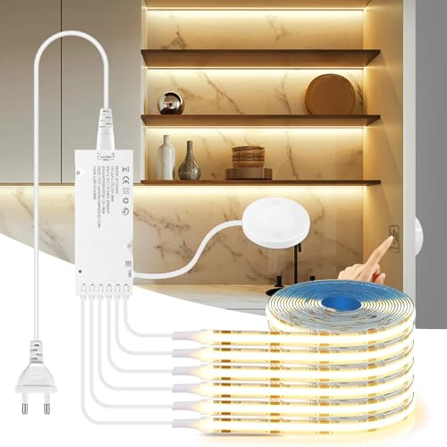 CHNMALITAI 12V COB LED Streifen, 6 Pcs 3M Warmweiß COB LED Strip Light with Berühren und Hand Sweep Dimmer Schalten Für Schrank Vitrine Küche Beleuchtung (Warmweiß, 3M)