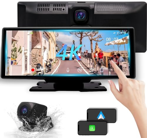 3T6B Autoradio Portable Encastrable avec Apple CarPlay & Android Auto, 10.26 Pouces HD Touchscreen Radio, Double Caméra,Caméra de recul 1080p, Transmission FM, Bluetooth
