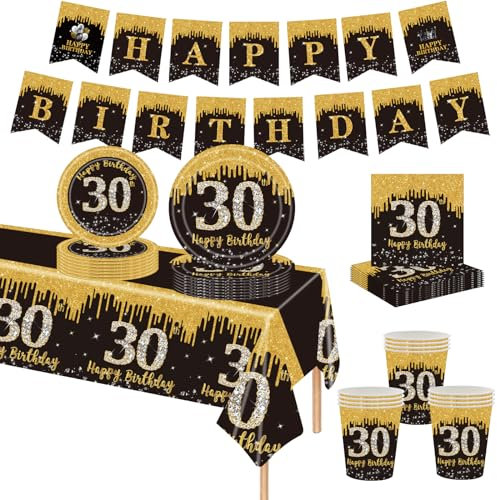 MORAINJAY 70P 30th Birthday Tableware Set - Black Gold Cups, Plates, Napkins, Tablecloth, Banner - Party Supplies for Men Women (16 Guests)