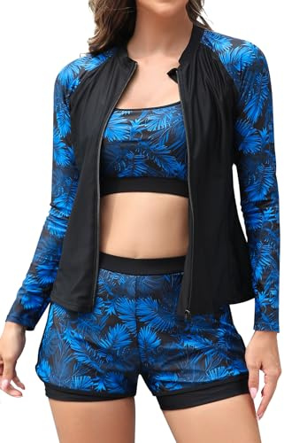 SHEKINI Frauen 3-teilige Reißverschluss Rash Guard Badeanzüge mit Tank Bikini Top für hohe Taille Boyshort (Blaue Blätter auf Schwarz, Large)