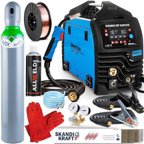 Sherman DIGIMIG 207 EASYLITE - Synergisches Inverter MIG MAG Schweißgerät mit Schutzgas und Fülldraht - MMA, WIG Lift - Mit Induktivität, Lötschweißen und 2T/4T - Set: Professional