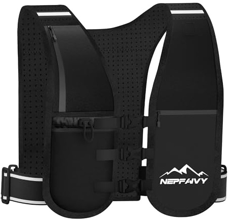 Nepfaivy Running Vest Women and Men - Lightweight and Reflective Running Vest with Waterproof Phone Holder, Adjustable and Breathable Hydration Backpack for Outdoor Hiking Cycling (Black)