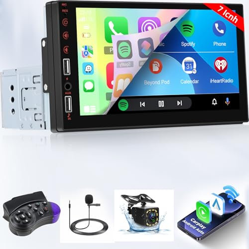 1 Din Autoradio mit Bildschirm mit Carplay & Android Auto - 7 Zoll Carplay Autoradio mit EQ, Link Spiegeln, Bluetooth, FM Radio, SWC, AUX/USB Eingang + Rückfahrkamera + Mikrofon