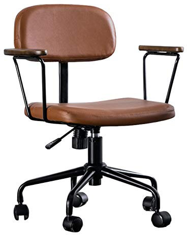 Retro-Drehstuhl, rollender, drehbarer Schreibtischstuhl aus Leder mit Holzarmlehne, Kleiner Arbeitsstuhl für Frauen, Erwachsene und Mädchen