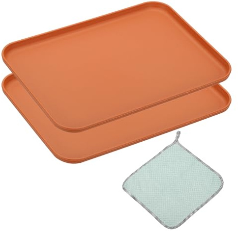 PATIKIL 2Pcs Bandejas de Servir Comida Rápida de 10x7 Pequeño Naranja | Bandejas de Servir de Restaurante Reutilizables, Multiusos de PP, Paños de Limpieza Incluidos, Rectangular