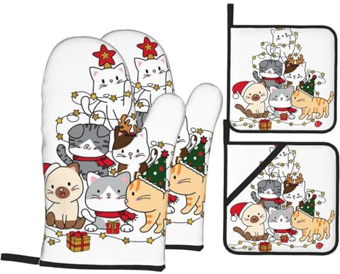 Ofenhandschuhe und Topflappen-Set, Weihnachtsbaum, Kawaii-Katzen, hitzebeständig, Küchen-Backhandschuhe, rutschfeste Oberfläche zum Kochen, Backen, Grillen, Grillen