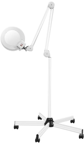 Lámpara lupa LED con soporte, lámpara de trabajo de 180 °, lámpara cosmética, lámpara cosmética, 24 W, con soporte y ruedas, lámpara lupa blanca para esteticistas, bordados (5 dioptrías)