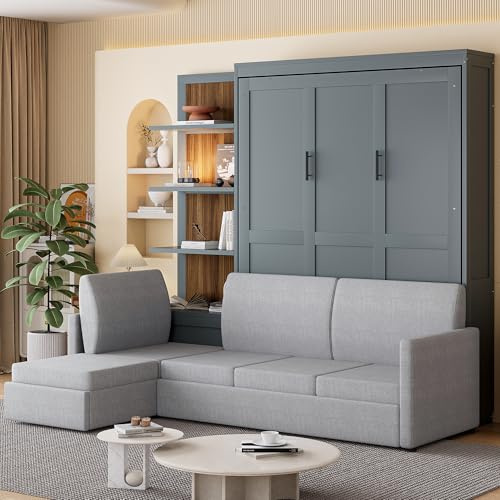 Harper & Bright Designs Queen Size Murphy Bed, Wood Queen Wall Bed with Sofa and Shelves, Gray