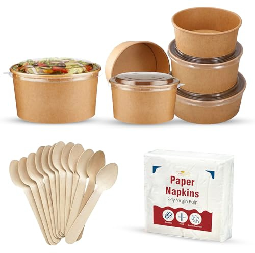 CHEF ROYALE 50 X 26oz Brown Disposable Kraft Salad Bowls with Lids + 50 Spoon + 50 Napkins Takeaway Mealbox Freezer and Microwave Safe for Bars, Restaurants (26oz / 750ml)