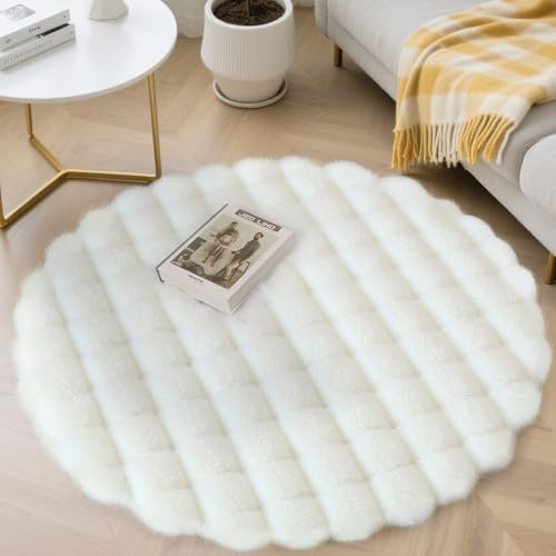 Votoko Tapis Rond Salon, Tapis de Salon Epais en Fourrure Synthétique à Poils Longs 90x90cm, Lavable et Antidérapant, Confortable et Moelleux à Haute Densité pour Salon, Chambre et Descente de Lit