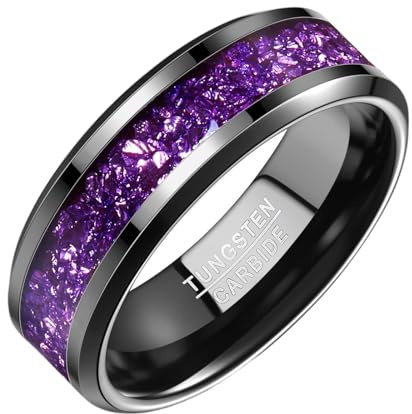 NUNCAD Tungsten Men's Rings with Amethyst Fragments - Black Purple Accents - 8mm, Comfort Fit SizeY