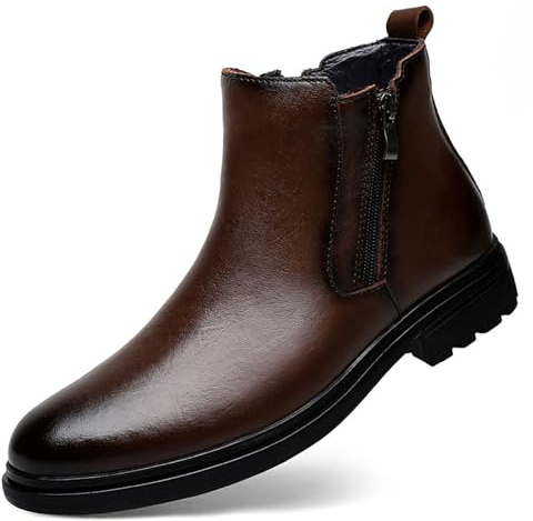 Botas Chelsea de piel auténtica con puntera puntiaguda para hombre, botas de tobillo cómodas con cremallera, botines casuales formales de negocios, Peluche marrón oscuro, 45 EU
